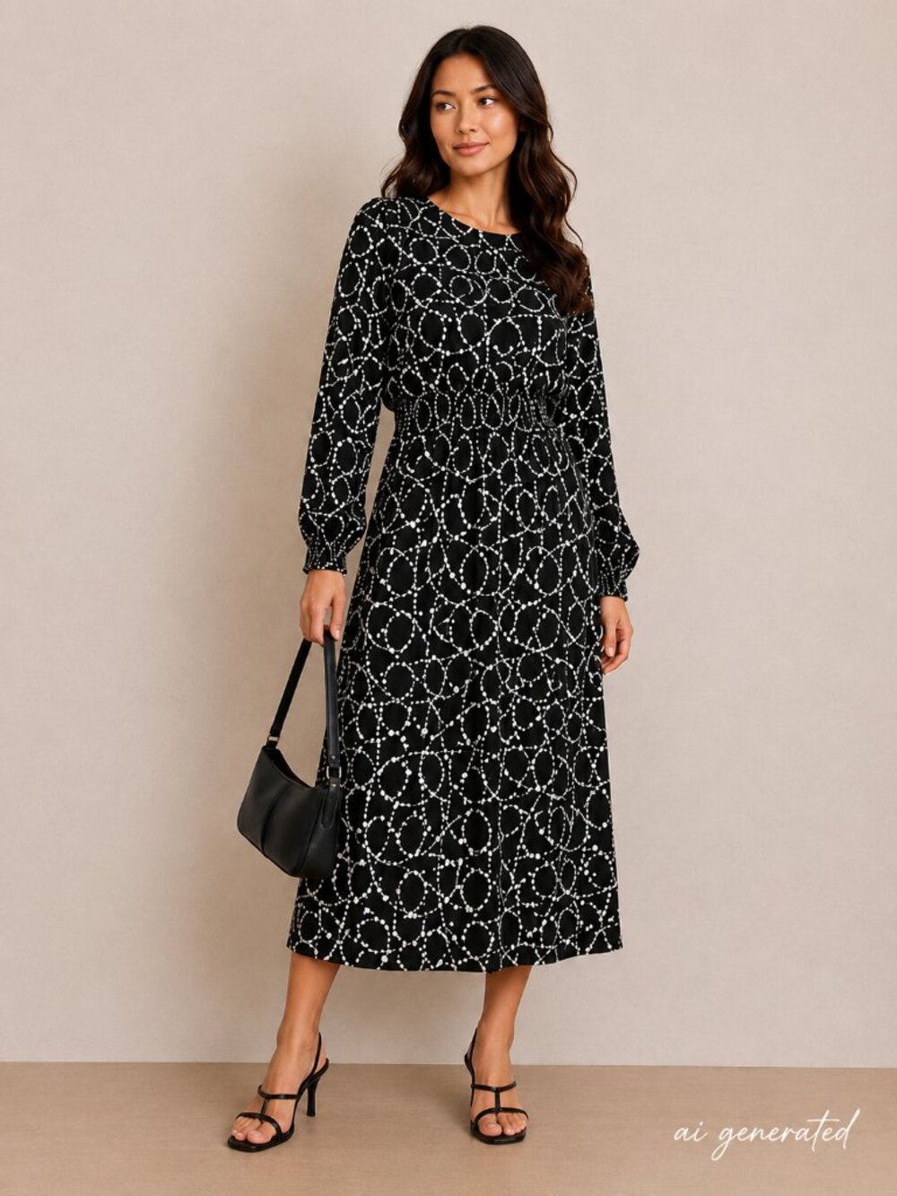 H&M Black White Geometric Print Long Sleeve Midi Maxi Dress Women's Large L